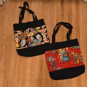 Set Of 2 Colorful Skull Print Tote Bags.